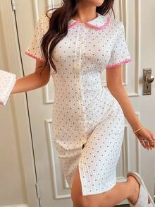 Dream Adore Áo ngủ nữ tay ngắn in hình trái tim, kiểu dáng mở phía trước. - Hồng - Xem 5