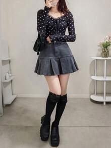 FRIFUL Women's Casual Dot Print Ruched Bust Twist Lantern Sleeve Lace Trim Fitted T-Shirt, Suitable For Spring, Summer And Autumn, Commuting And Vacation - Black - View 5