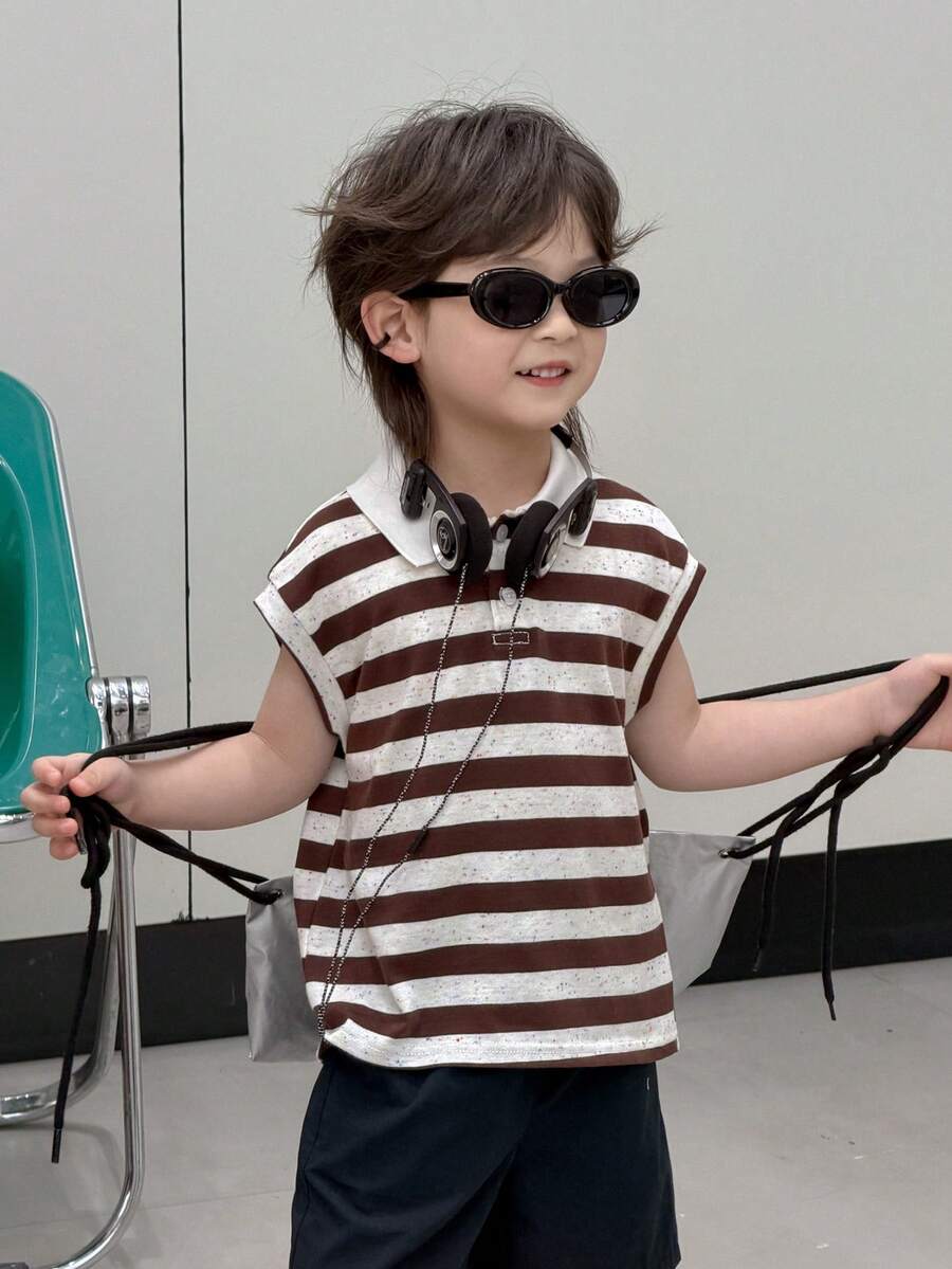 DAZY Bộ áo polo và quần short kẻ sọc thời trang thường ngày cho bé trai mùa hè, thích hợp cho kỳ nghỉ, đi làm, đi chơi, dạo phố. - màu nâu - Xem 1