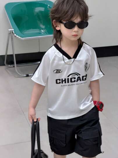 DAZY Camiseta de manga corta casual de verano para niño con estampado de letras en contraste de color