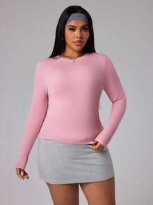 SHEIN Sports Plus Size Women Striped Textured Long Sleeve Activewear - Dusty Pink - View 4