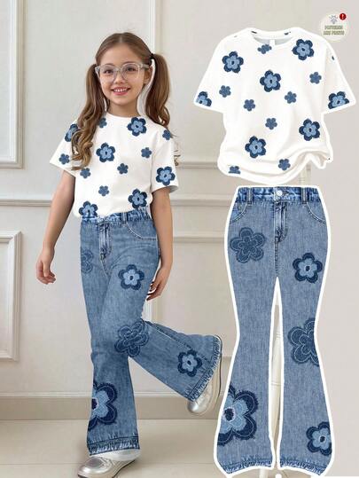 SHEIN Leap Crew Vintage Floral Print Casual Loose Tween Girl Short Sleeve Crew Neck T-Shirt And Flare Pants 2 Piece Set, Suitable For Autumn