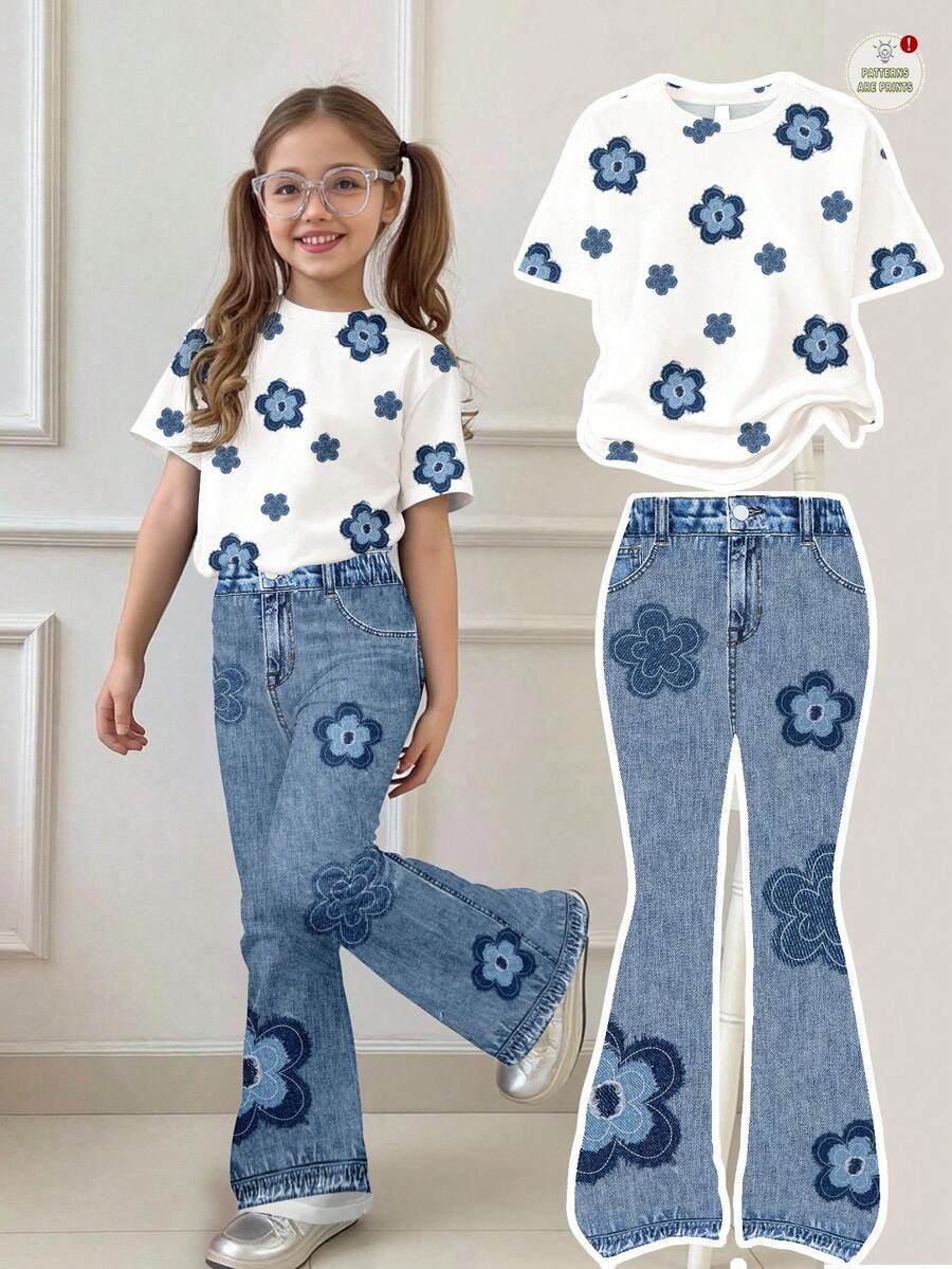 SHEIN Leap Crew 复古花卉印花休闲宽松短袖圆领 T 恤和喇叭裤两件套，适合秋季