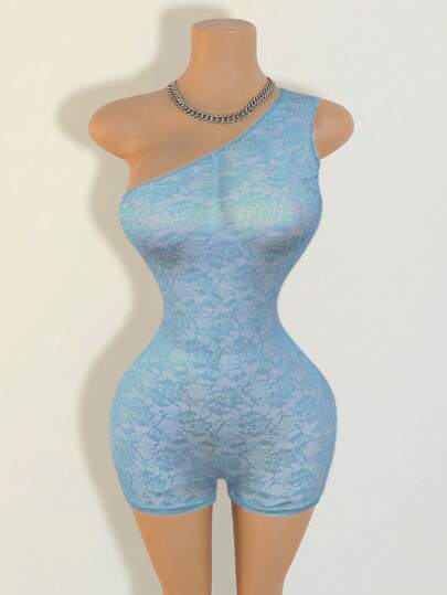 Mistrie Damen Frühling/Sommer Sexy transparente Spitzen Musik Festival Einschultrig Enge Jumpsuit