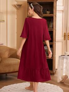 SHEIN Women's Retro Luxury Nightgown Dress, Embroidered Beaded Butterfly Collar, Long Loose Half Sleeve Ruffle Hem, Comfortable Spring/Summer - Burgundy - View 2