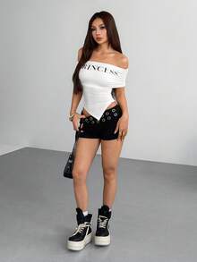 valorelle valorelle Damen Mode Off-Shoulder, sexy Buchstaben-Muster Lässig asymmetrisches Kurzarm T-Shirt, Streetwear, geeignet für den täglichen Gebrauch - Verschiedenfarbig - Übersicht 6
