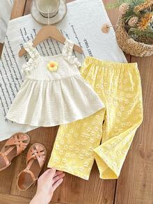 SHEIN 女婴可爱度假休闲黄色印花吊带背心和裤子套装 - 黃色 - 查看 7