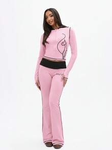 BABYPHAT Women Contrast Detail Flare Leggings High Waisted Wide Leg Yoga Pants Stretchy Lounge Bottoms Bell Bottom Style - Baby Pink - View 5