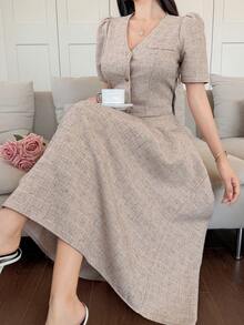 DAZY 2pcs/Set Women's Commuter Short Jacket And Skirt Outfit - Beige - View 1