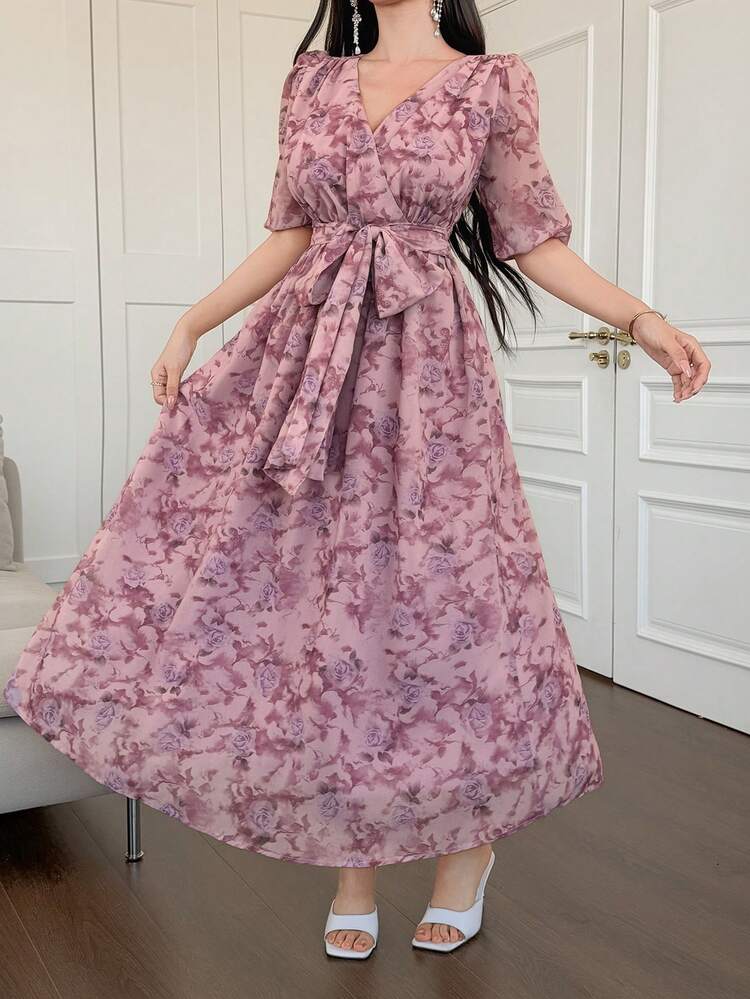 Women's V-Neck Waist Cinched Floral Print Long Dress Sundress Summer