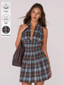 Sweetina 女士时尚性感格子印花露背吊带迷你连衣裙 - 彩色 - 查看 7