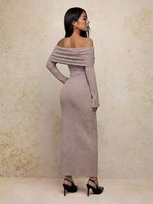 SHEIN PETITE 女士纯色露肩长袖休闲长裙，派对女士服装，新年女士连衣裙，圣诞节女士服装 - 藕粉色 - 查看 2