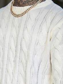 Devon Thys 1pc Men's White Mock Neck Drawstring Jacquard Casual Collegiate Pullover Sweater, Fall/Winter, Long Sleeve Top - White - View 3