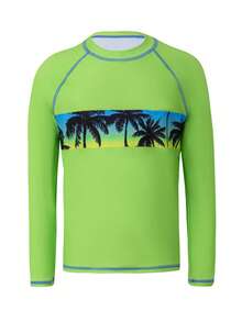 SHEIN Tween Boys 2-Piece Swimwear Set: Long Sleeve Rash Guard Top With Gradient Palm Tree Print, Paired With Loose Fit Gradient Palm Tree Print Swim Trunks With Drawstring Waist. Suitable For Summer Vacation, Beach, Pool, Holiday Party - Green - View 3