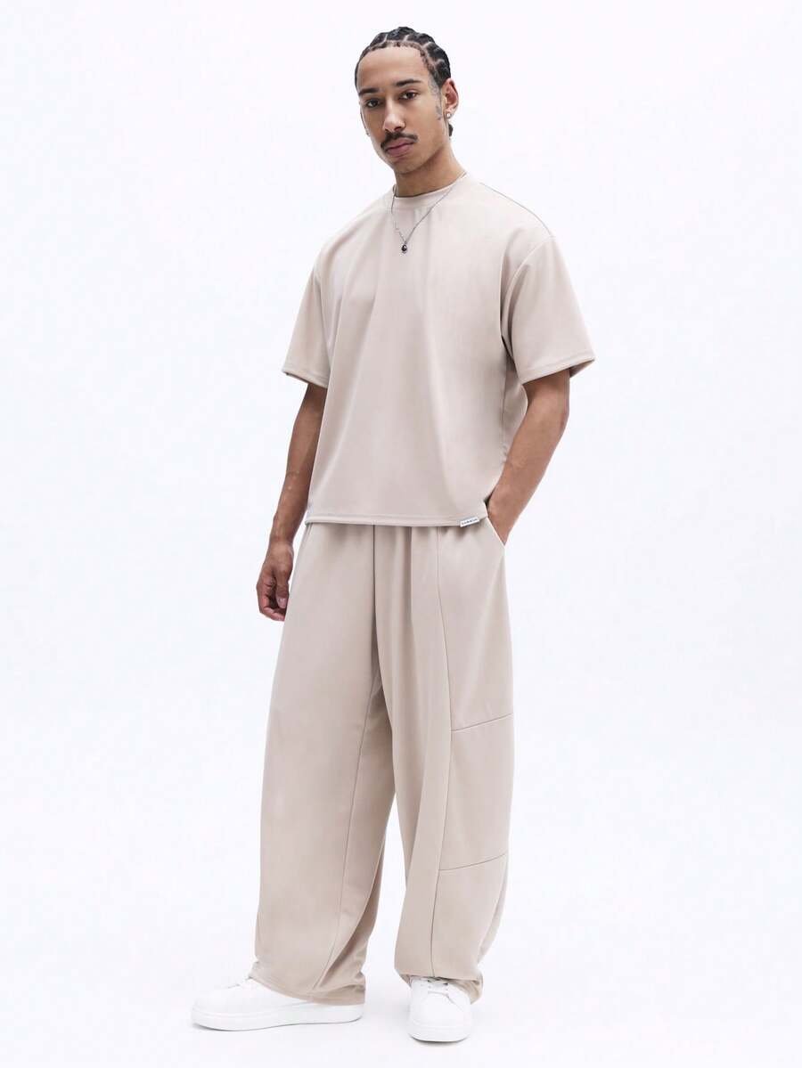 SUMWON Men's Beige Short Sleeve T-Shirt And Wide Leg Pants Co-Ord Set Crew Neck Casual Two Piece Outfit Summer Loungewear - Khaki - View 1