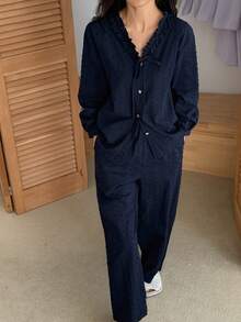 DAZY Conjunto de pijama de mujer con cuello de volantes fruncidos de tela con textura de lunares - Azul - Ver 8