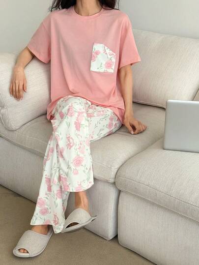 DAZY 女士夏季宽松不对称口袋装饰T恤上衣和印花睡裤套装