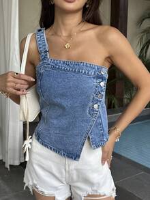 Sunnyshic 时尚休闲不对称水洗牛仔露肩上衣 - 中等水洗藍 - 查看 6