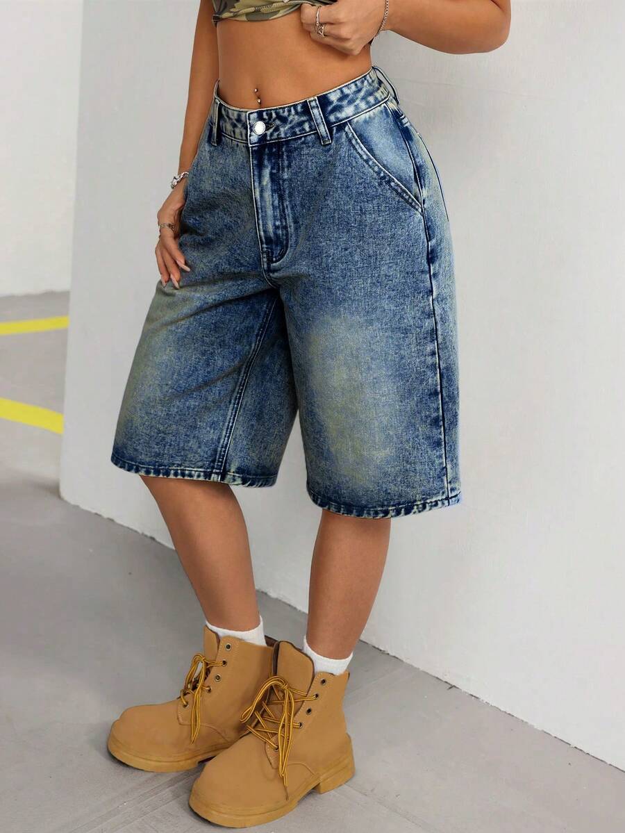 Jeanoix Vintage Washed Wide Leg Denim Shorts, Casual For Spring/Summer - Dark Wash - View 1