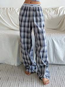 DAZY Letter Tape Waistband Loose Plaid Pajama Pants, Women Sleepwear Bottom - Blue - View 8