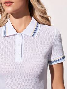 Gameset SHEIN Sport Women's Casual Striped Patchwork Short Sleeve Sports Polo Shirt, Summer - White - View 7