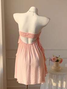 Comfortcana Women's Strapless Metal Starfish Decor Ruffle Hem Sexy Mini Dress, Fashionable For Dates And Parties, Summer Outfits For Women,Pink Dress - Pink - View 2