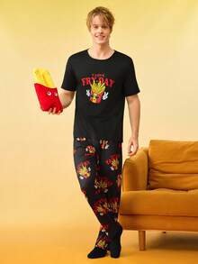 Notgurli Conjunto de pijama con Top de manga corta con cuello redondo con estampado de letras y papas fritas, y pantalones con estampado a cuadros - Negro - Ver 5
