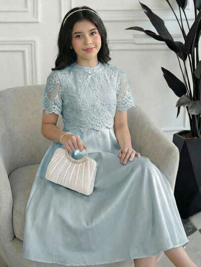 SHEIN Teen Girls Green Lace Patchwork Satin Elegant Charming Party Dress Light Blue Dress For Girl Dusty Blue Dress For Girls Long Dress For Kid Elegant Tween Girls Elegant Lace Dress
