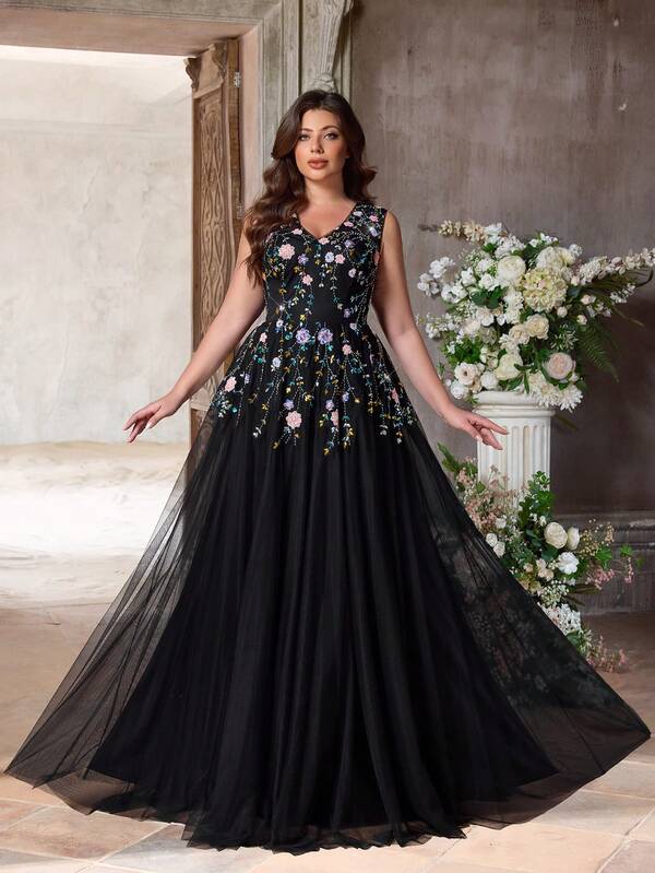 Aureia Đầm cỡ lớn thanh lịch, lãng mạn, sang trọng màu đen đính cườm, thêu ren, phối lưới, cổ tròn, tay phồng xuyên thấu, thiết kế hoa văn thủ công tinh tế, chân váy rộng, thích hợp cho tiệc tối, tiệc độc thân, hẹn hò, dạ hội, lễ tốt nghiệp, đám cưới, trang phục trang trọng (Thêu cầu kỳ)