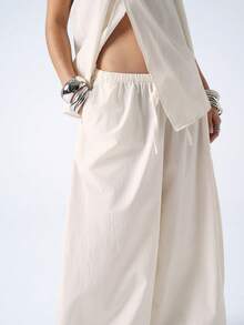 LYSMO 2026 New Arrive Minimalism Spring/Summer Women's Solid Color Stand Collar Asymmetric Hem Top And Wide Leg Pants With Slant Pockets 2 Pieces Set - Beige - View 6