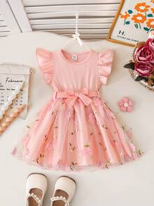 SHEIN 女婴优雅甜美粉色罗纹针织短袖连衣裙，搭配3D立体花卉网纱裙摆和腰带，可爱夏日度假派对装扮 - 粉色 - 查看 4