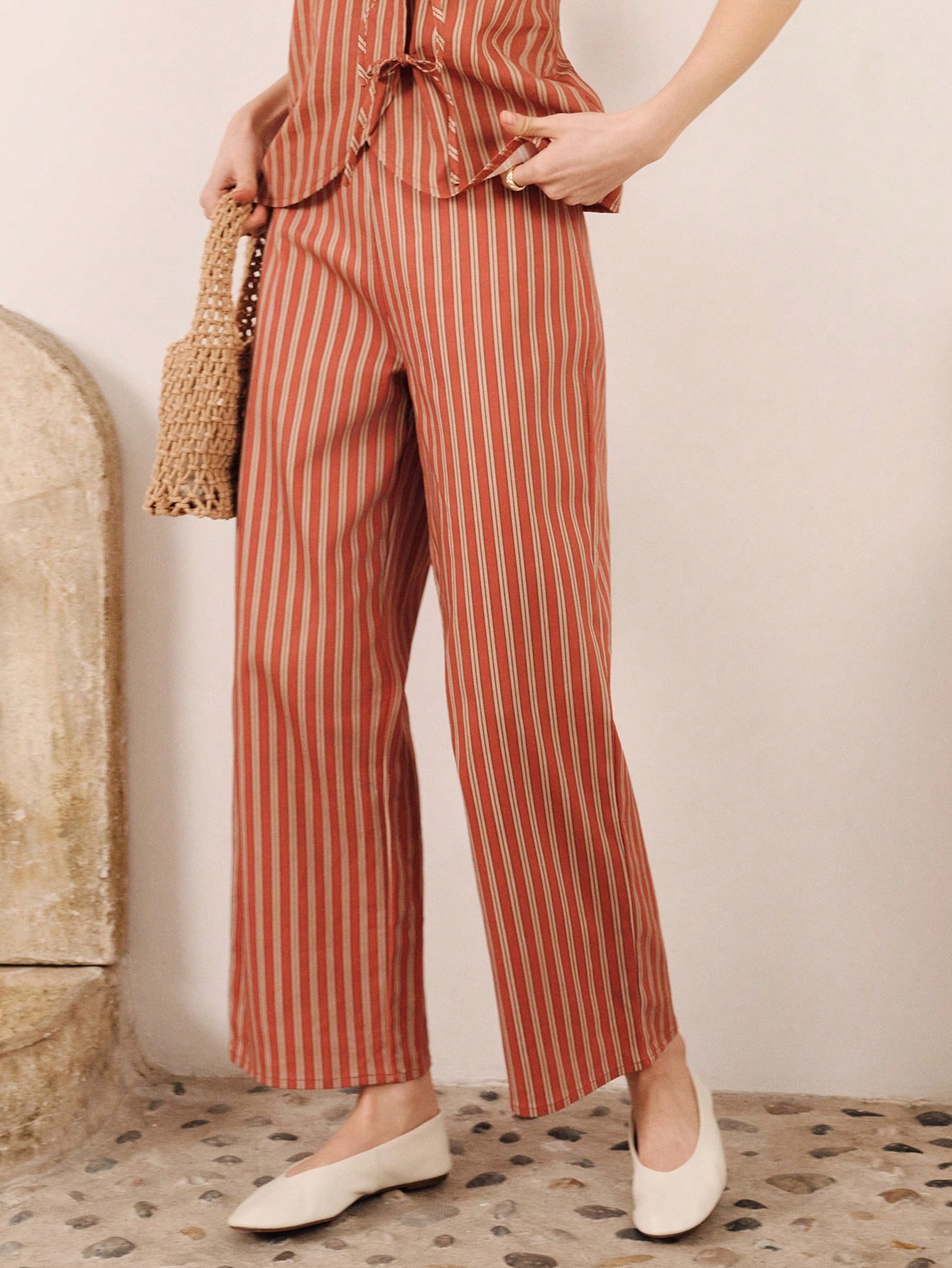 High-Waisted Striped Straight-Leg Trousers For Summer Vacation Spring Summer Style French Style Parisian Style Vacation Business Casual Resort
