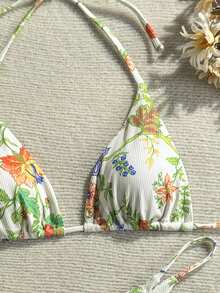 Swim Mod 2026 细肩带罗纹黄色底橙色花卉挂脖系带高衩两件式比基尼泳衣（女款） - 彩色 - 查看 5