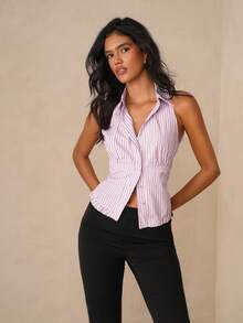 SHEIN Glamour Pink Color Stripe Sexy V Neck Ruched Sleeveless Shirt,Party Must Have,Women Birthday Shirt,Date Night Shirt,Concert Shirt,Rave Shirt Festival,Going Out Shirt,Elegant Blouses For Ladies,Stylish Women's Blouses,Basic Shirt,Office Shirt,Womens Business Casual Top,Fitted Button Up Shirt,Striped Halter Top - Multicolor - View 5