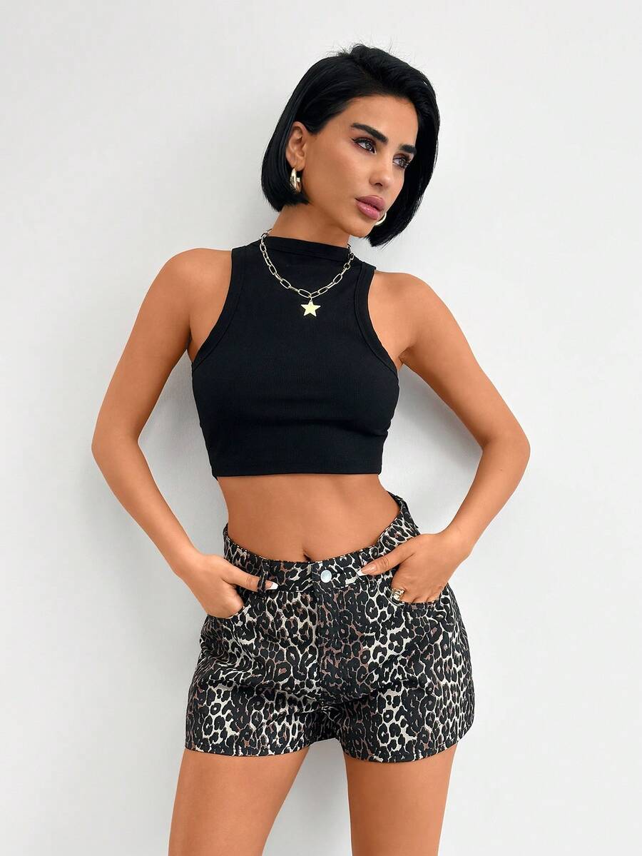 SHEIN High Waisted Leopard Print Denim Shorts