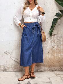Selianne Women's Casual Commuter Denim Side Tie Skirt - Blue - View 6