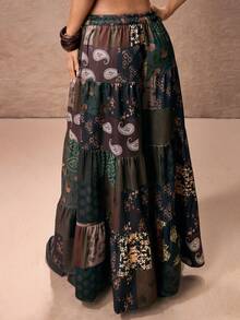 ROMWE PETITE Women's Hippie Style Vacation Paisley & Plaid Retro Print Wide Leg Pants - Brown - View 2