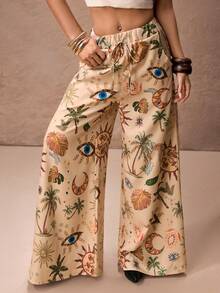 ROMWE PETITE Hippie Vacation Moon & Star Print Women Pants - Apricot - View 1