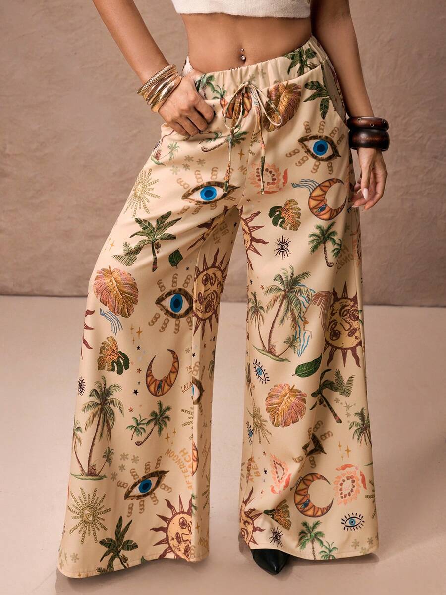 ROMWE PETITE Hippie Vacation Moon & Star Print Women Pants - Apricot - View 1