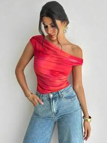 Firerie 女士不对称褶皱渐变肩部连体衣，花卉不对称肩部连体衣，斜肩上衣，春夏服装，适合海滩、通勤、优雅、性感、度假、波西米亚风、夏威夷风、音乐节、浪漫、约会、节日装扮 - 彩色 - 查看 7