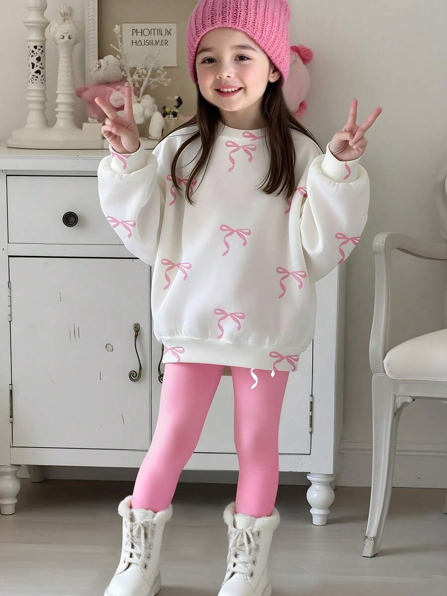1 Bộ đồ thời trang cho bé gái trở lại trường, áo nỉ cổ tròn in nơ chấm bi và quần legging đen, trang phục mùa thu - Nhiều màu - Xem 1