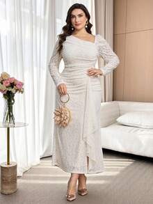Feyla Plus Size Solid Color Minimalist Long Sleeve Lace Dress, Everyday Wear - Apricot - View 6