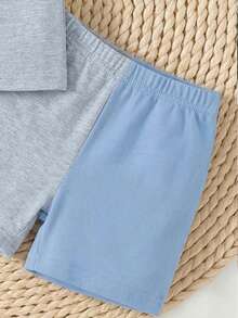 SHEIN Playful Pals 男婴休闲Logo撞色印花圆领短袖T恤和短裤套装（2件套），适合夏季户外穿着 - 彩色 - 查看 4