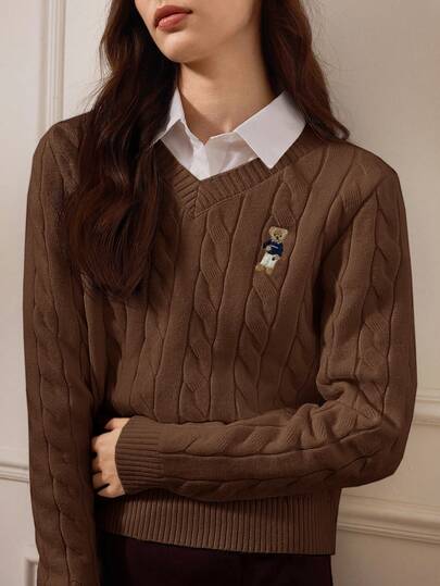 Briarwyn Fall And Winter Old Money Style Women's V-Neck Long Sleeve Casual Versatile Cable Knit Sweater,Back To School,Tracksuit,Vintage,Warm Sweater,Brown Sweater,Casual Sweater For Women,Vacation Knitted Jersey For Women Winter Ladies Jerseys Knitwear Pull Overs For Ladies Polo Sweater Women Half Jersey For Ladies Wool Casual