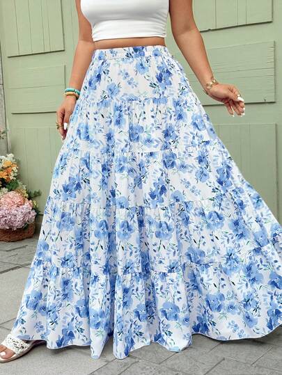 Vionelle Plus Size Spring/Summer Floral Print Blue Elegant Casual Versatile Skirt