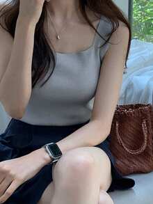 DAZY Square Neck Sleeveless Tank Top For Women, Slim Fit Camisole Tank Top - Grey - View 6