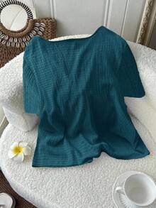 SHEIN LUNE 大码女式V领系带休闲百搭日常短袖上衣 - 水鴨藍 - 查看 2