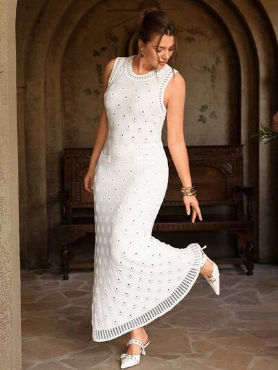 VOLUPTÉ CURVE Plus Size Spring/Summer Dress, Only Fashionable & Elegant Resort Knit Solid Color Classic White, Hollow Floral Eyelet Pattern Round Neck Sleeveless Waist Cinched Faux Pocket With Delicate Crochet Trim Decoration, Ribbed Collar And Hem Hollow Ankle-Length Fitted, Suitable For Beach, Resort, Evening, Commute, Date
