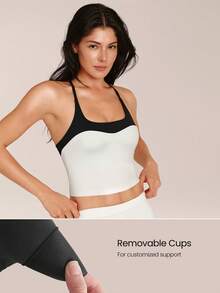 GLOWMODE FeatherFit™ Energizer Slim Fit Color Contrast Crossover Straps Low Neckline Removable Cups Cropped Active Tank Yoga Pilates - White - View 3