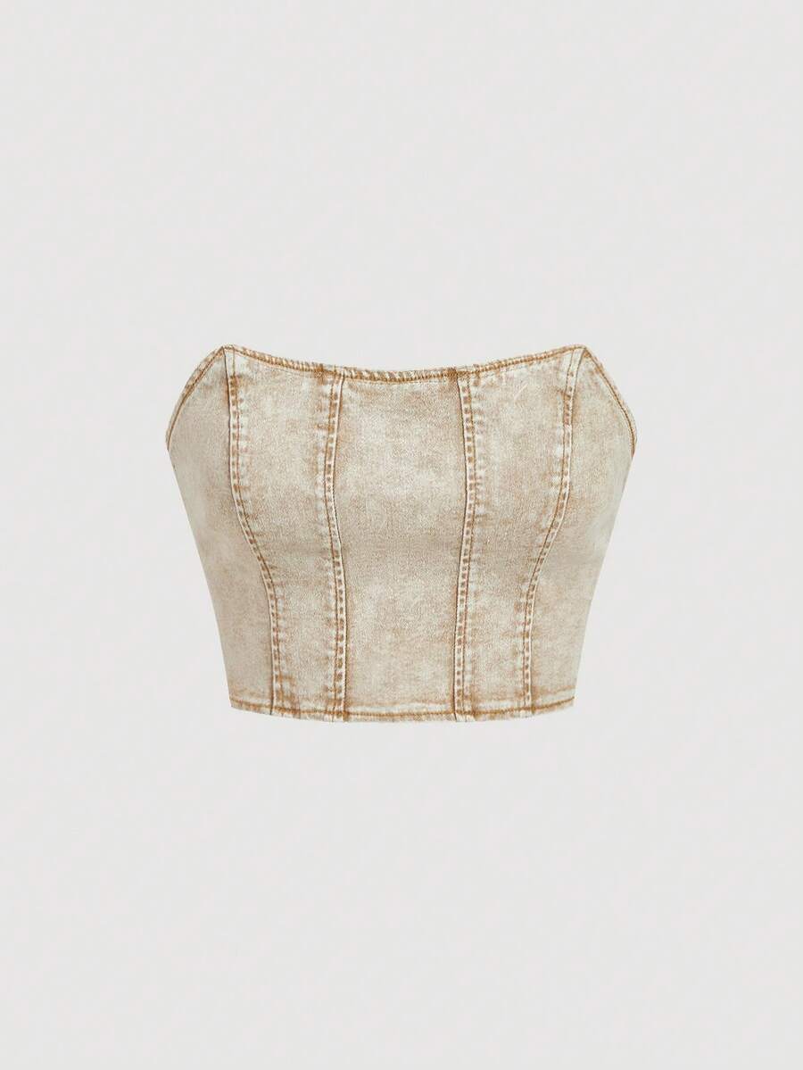 SHEIN MOD Zip Back Tube Denim Summer Corset Top - Khaki - View 1